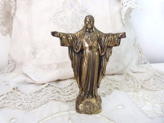 Antique French religious statue Jesus Christ the redeemer Corcovado statue w chalice decor, signed sculpture saint 1900s christianity France