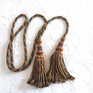 Antique French red curtain tie back 1800s tassel holdback w ropecord w silk and wooden interior Victorian decorative tassels drapery tieback