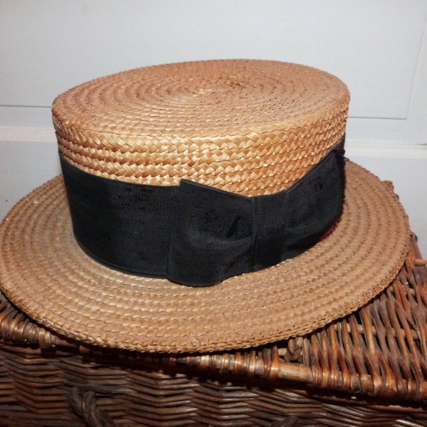 Antique French straw boater hat w silk, bow, pewter initials, antique mens boater hat canotier w monograms, perfect condition