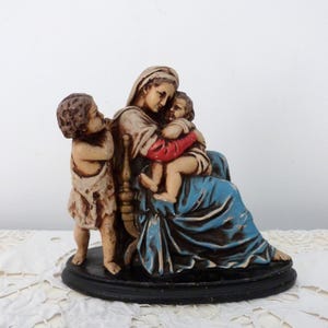 Antique French statue sculpture madonna with infant child Jesus, 1900s religious statue Madonna della sedia, handpainted figurine devotional