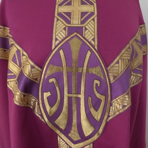1900s purple clergy vestment dress priest cope robe chasuble w IHS design, vintage liturgical fabric casel casula religious church vestment