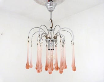 Vintage 1960s French chrome chandelier w long pink glass drops w facetted beads, rare lighting fixture ceiling light lamp French home decor