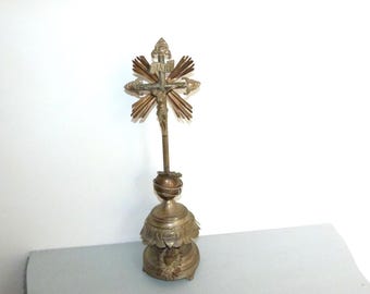 Antique standing altar crucifix cross w Jesus Christ corpus christi w sacred heart and snake, French religious 1800s devotional church decor