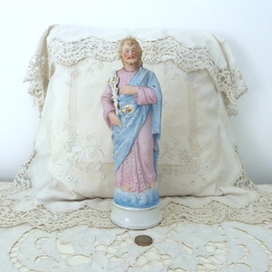 Antique French religious handpainted bisque statue of saint Joseph w fleur de lys lis flower statue sculpture, religious devotional art gift