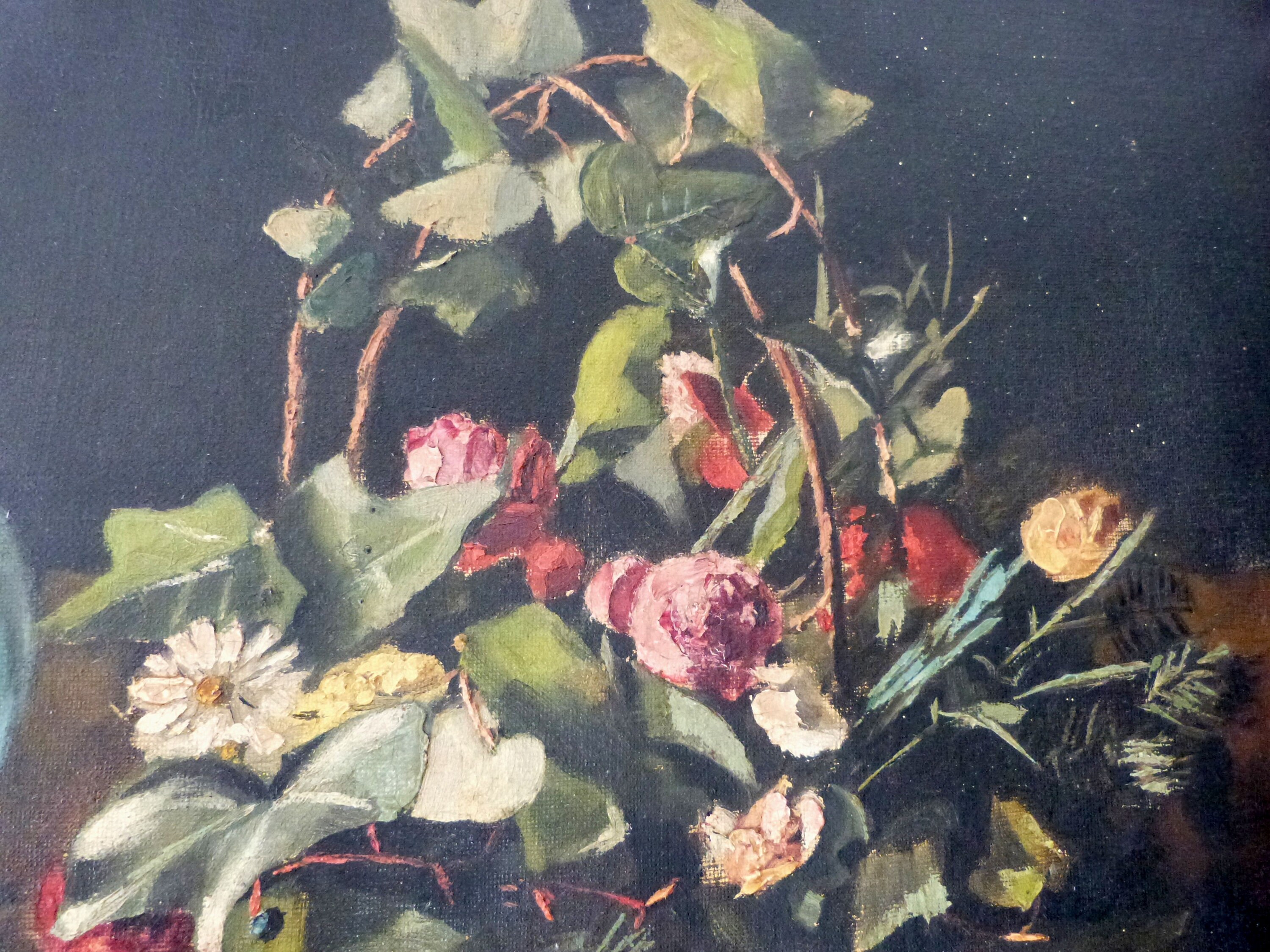 アンティーク フランス 1800 年代 署名入り 花の油絵 バラ付き アンティーク フランス 1800 年代 署名入り 花の油絵 バラ付き
