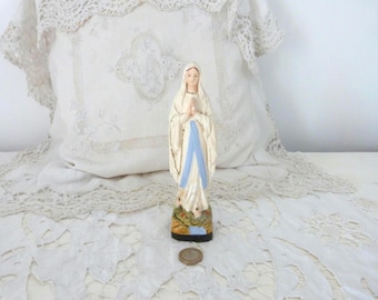 French Antique religious signed Holy virgin Mary statue of Lourdes madonna madonne our mother lady of Lourdes saint shabby statue w rosary