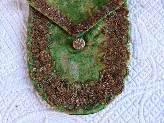 Antique French hand made green silk satin brocade… - image 3