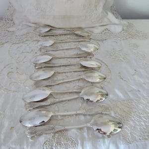 12 Vintage French silverplate silverware floral embossed dining spoons tableware set silverplated dinner spoons vintage table ware