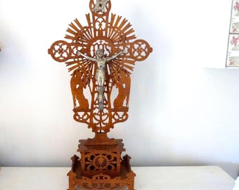 XL Antique French tramp art trench art wooden altar cross crucifix w angels, religious devotional folk art, Jesus corpus christi church deco