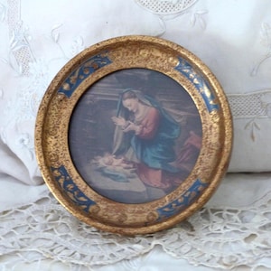 Vintage Florentine Frame Virgin and Child Jesus Christ Christmas Nativity Scene Icon Religious Devotional Frame Gilded Wood Wall Art Gift