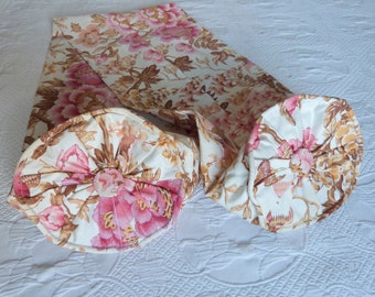 Taie d'oreiller traversin Français vintage romantique, tissu floral avec oiseaux, tissu rose à motif floral, linge de lit Français vintage romantique