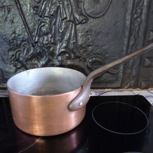 Antique French copper pan pot tin lined w iron handle HEAVY 1900s copper saucepan kitchenware France country cottage cooking kitchen ware