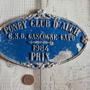 Vintage French blue large equestrian prize award plaque horse poney contest award 1984 trophy sign for stable equestrian farmhouse country