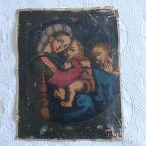 Antique 1800s French religious oil painting on canvas, 1800s w madonna della seggiola sedia and child Jesus, devotional wall art decor gift