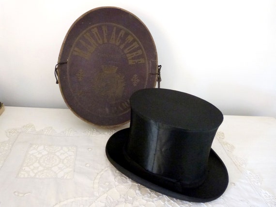 Antique French silk collapsible top hat Gibus w ha