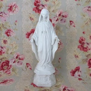 Antique French religious bisque Madonna statue w snake our Holy virgin Mary our lady statue sculpture w crucifix cartouche, devotional gift