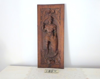 Antique wooden panel wall hanging decor w gladiator gladiateur, LARGE French hand carved architectural wooden salvaged architecture wall art