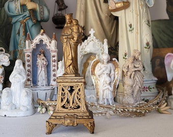 Madonna and child Jesus Christ statue Antique French religious our lady of de la Garde Marseille statue sculpture Holy Mother, filigree base