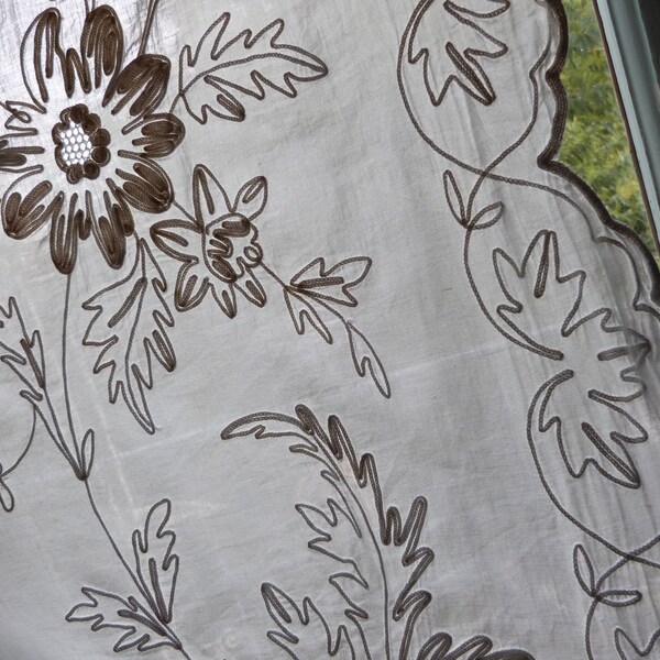 Antique French window curtain panel, hand embroidered arts and crafts muslin lace whitework drapery , white intricate embroidery