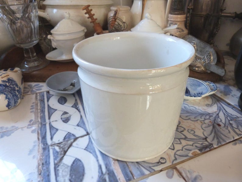 Antique pottery jar, handmade pot in white glazed earthenware Moulin des Loups, farmhouse country kitchen decoration image 1