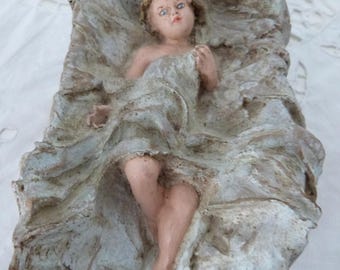 Vintage French religious statue infant child baby Jesus Christ in crib nativity christmas holiday decoration stocking gift for under the tre