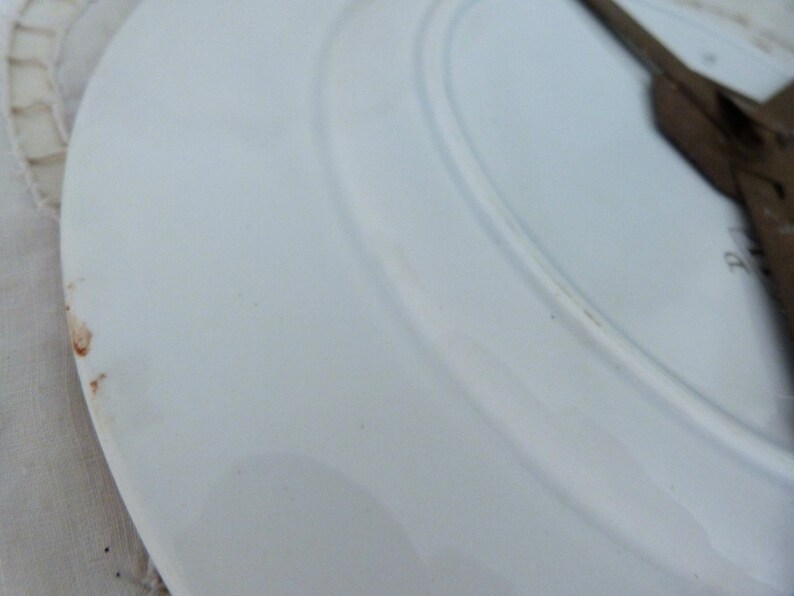 May include: White ceramic plate with a brown stain on the edge.