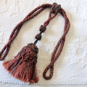 Antique French curtain tieback tie back 1800s shabby chic tassel holdback woven design w bobble Victorian decorative tassels drapery tieback