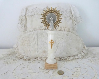 Antique religious icon our lady of the Pillar statue sculpture Mother w infant child Jesus w starburst halo 1900 church decor on marble base