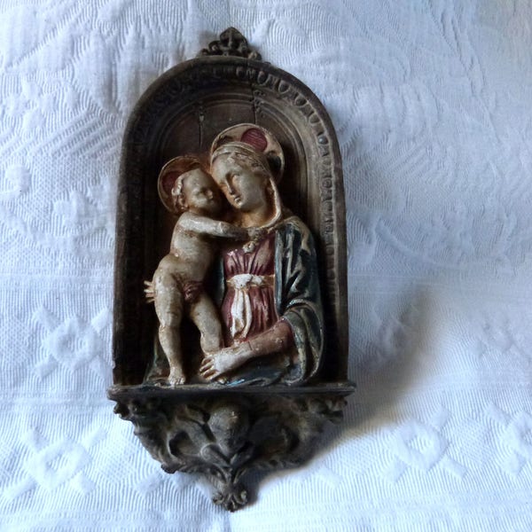 Antique French religious frame w Madonna with child Jesus Christ hand painted plaster sculptured icon frame w cherub angel, Holy virgin Mary