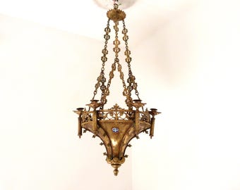 Antique French bronze thurible church icon lamp candle holder Gothic religious censer w enamel + rhinestone cabuchons catholic church decor