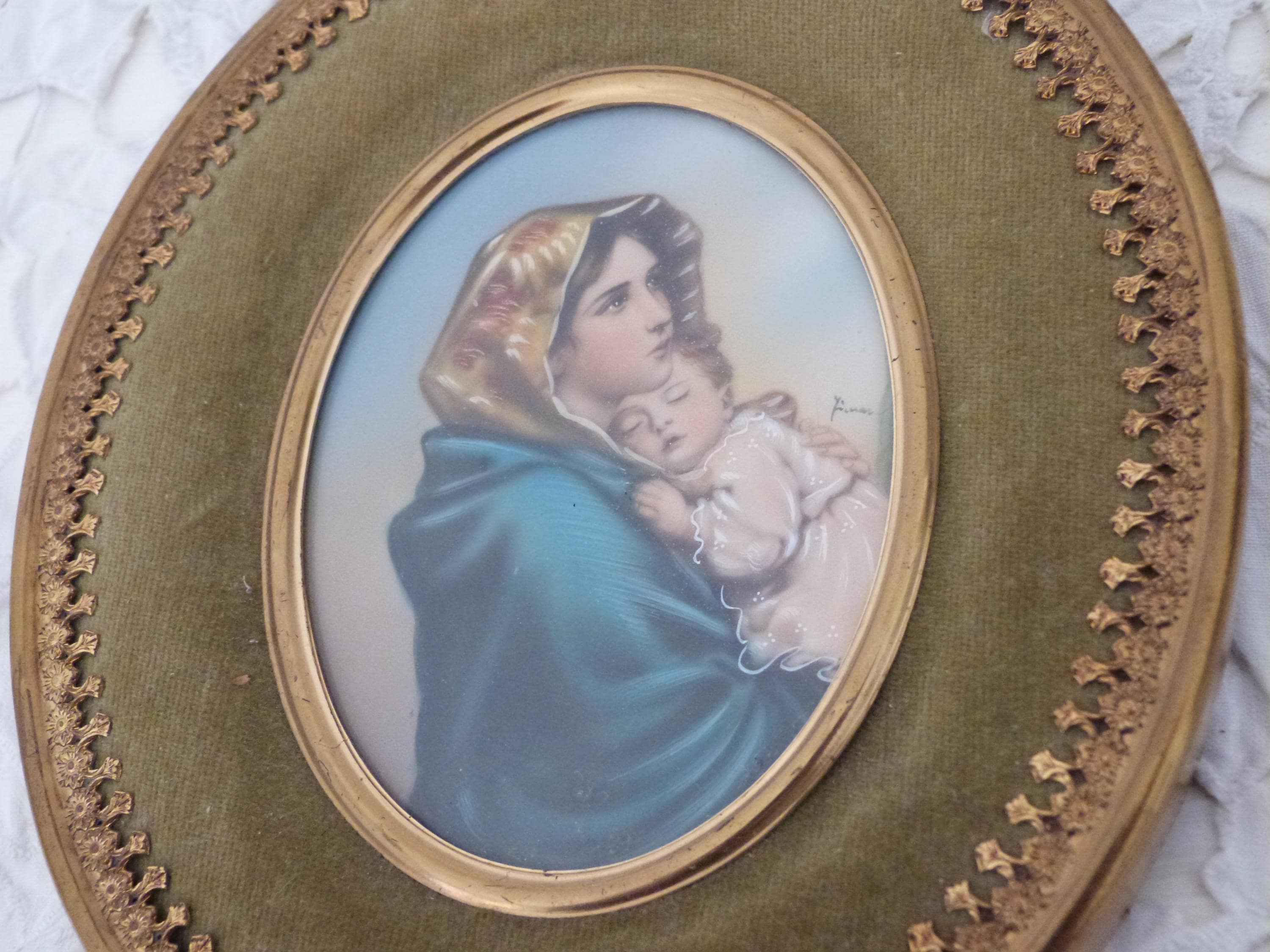 Antique French Religious Frame W Hand Painted Pastel Signed
