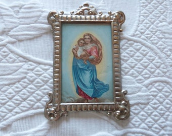 Antique French religious 1900s frame w our lady madonna and child jesus print, exvoto reliquary ex voto Madonna and child relic frame