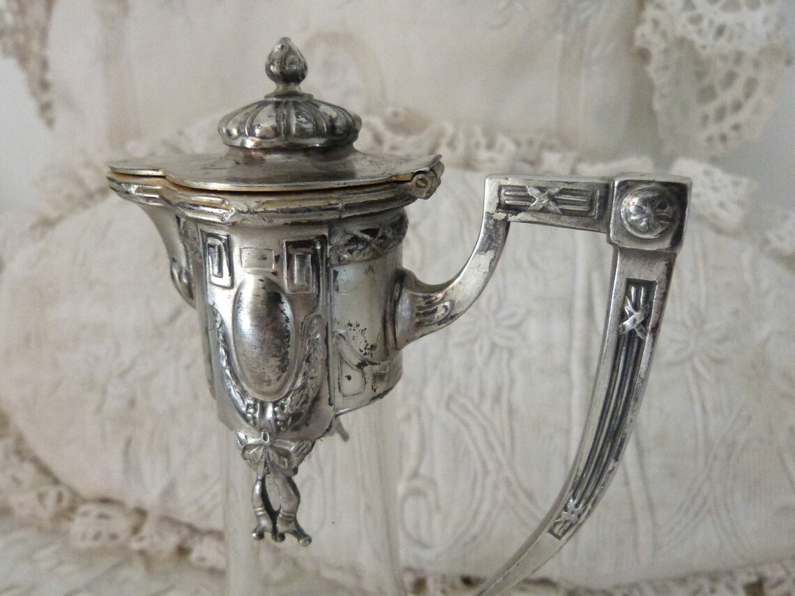 Antique French Etched Glass Liquor Decanter W Silverplated Lid Etsy