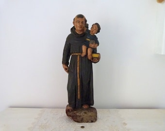 XL French Antique polychrome wooden religious saint Antoine de Padoue Anthony w child infant Jesus statue sculpture 1700s handpainted art