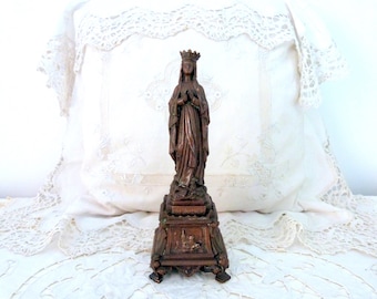 Antique French religious statue Holy virgin Mary of Lourdes madonna our lady of Lourdes souvenir statue sculpture w cross, Marie, shield