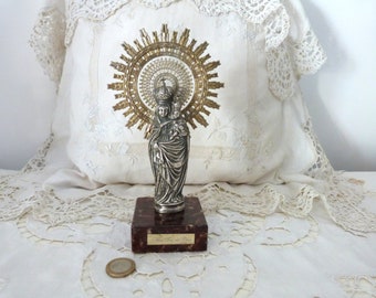 Vintage religious icon our lady of the Pillar statue sculpture Mother w infant child Jesus w starburst halo 1900 church decor on onyx base