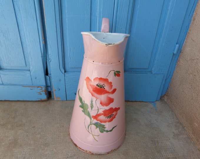 Antique French Enamel Water Pitcher Jug W Poppies Floral Etsy