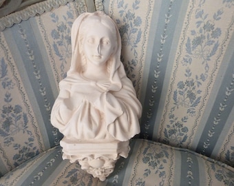 Antike Skulptur Madonna Heilige Jungfrau Maria Lourdes Büste, signierte religiöse OLOT-Religionswandbehang-Statuenbüste, katholisches hingebungsvolles Dekorgeschenk
