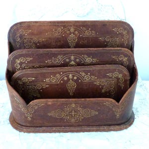 Antique French gilded embossed leather wooden letter holder rack w floral decor, Rare 1800s home decor gift for writer office desk accessory