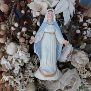 Antique French Holy virgin Mary our lady of Lourdes hand painted bisque religious statue sculpture wall decor, madonna Holy Mother figurine
