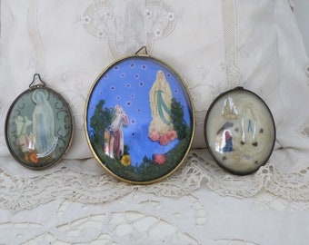 Vintage French religious frames our lady of Lourdes Holy virgin Mary holy mother madonna frames, souvenir of Lourdes frames dome glass 1950s