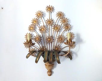 LARGE Vintage Französischer Blumentopf mit Holz-Wandleuchte, mit Gänseblümchen, BIG Toleware Beleuchtungs-Wandleuchte, Vintage Wohndekor