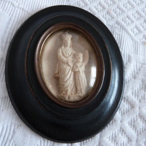 Antique meerschaum French 1800s religious meerschaum frame Madonna and child Jesus w crowns black wooden frame w glass, hand sculptured art