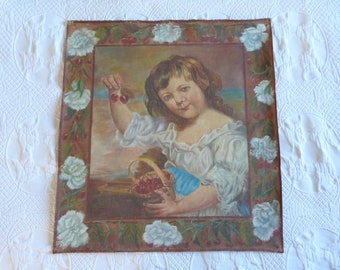 Antique French portrait painting 1900s oil painting on linen canvas, young girl's portrait w cherries carnations, signed European art decor