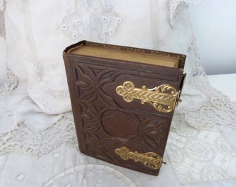 Antique French embossed leather picture photo album book w gilded pages, Victorian collectible picture photograph album, gift for her or him