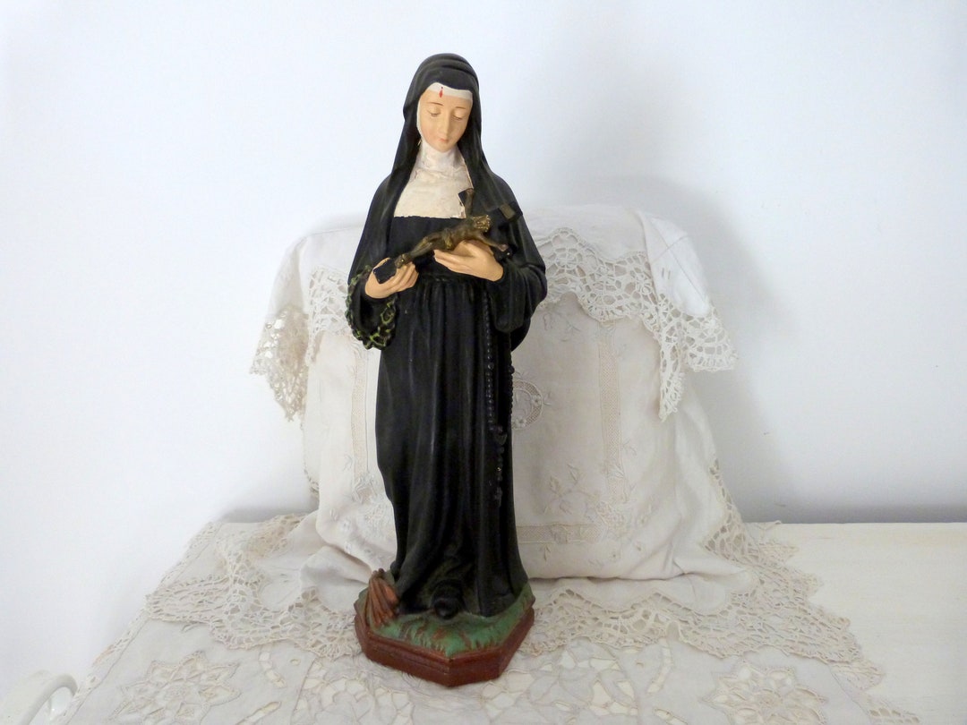 ALTA Antica statua francese di Santa Rita da Cascia scultura con croce Gesù  Cristo crocifisso, beni spirituali di Rita, statua d'arte religiosa