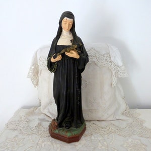 TALL Antique French saint Rita of Cascia statue sculpture w cross Jesus Christ crucifix, ritas spiritual goods, signed religious art statue