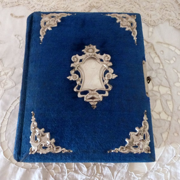 Antique French blue velvet picture photo album book w sepia family pictures, ArtNouveau Victorian collectible picture photograph album