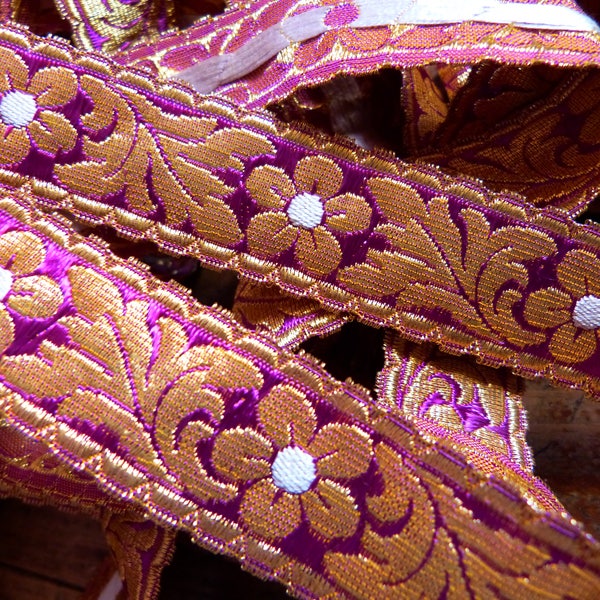 Antique French gold metallic trimming w pink silk passementerie galon unused religious gold pink metallic thread trim, church sewing supply