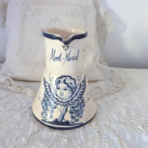 Vintage Spanish glazed terracotta wine jug pitcher w blue and white hand painted angel cherub design w grapes, Mont Marcal cava wine jug art